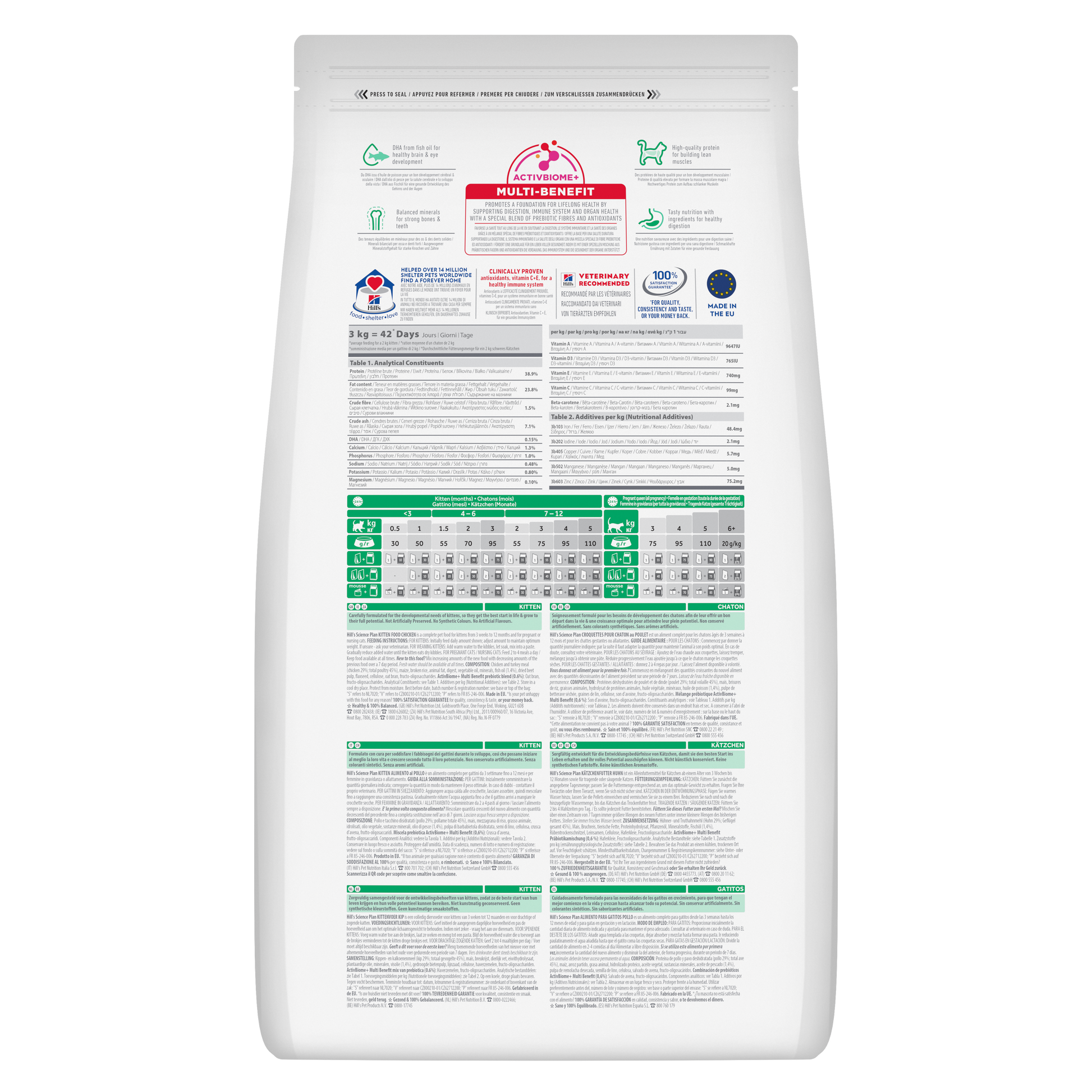 Back of Hill’s Science Plan Kitten Dry Cat Food Chicken showing ingredients, analysis and feeding guide