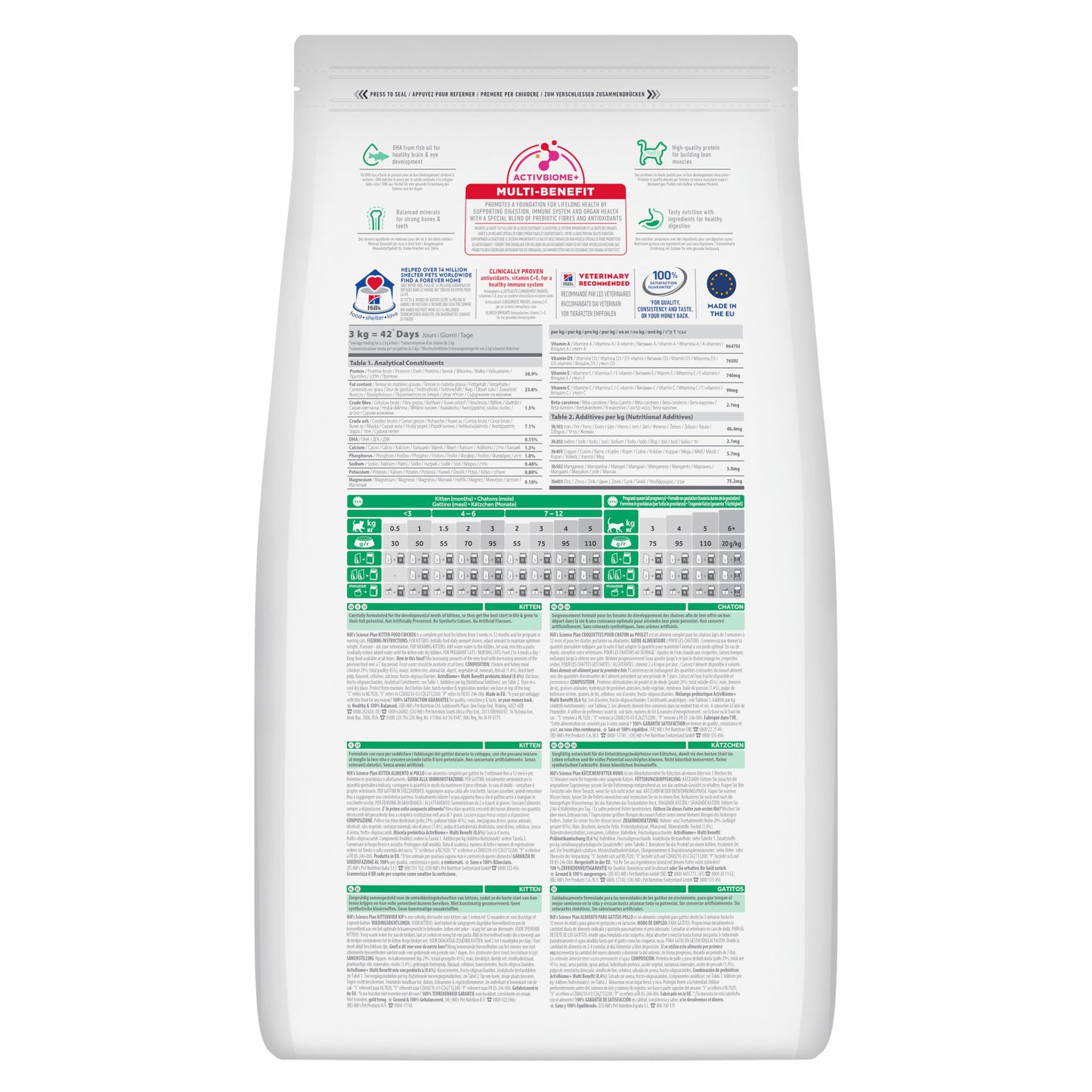 Back of Hill’s Science Plan Kitten Dry Cat Food Chicken showing ingredients, analysis and feeding guide