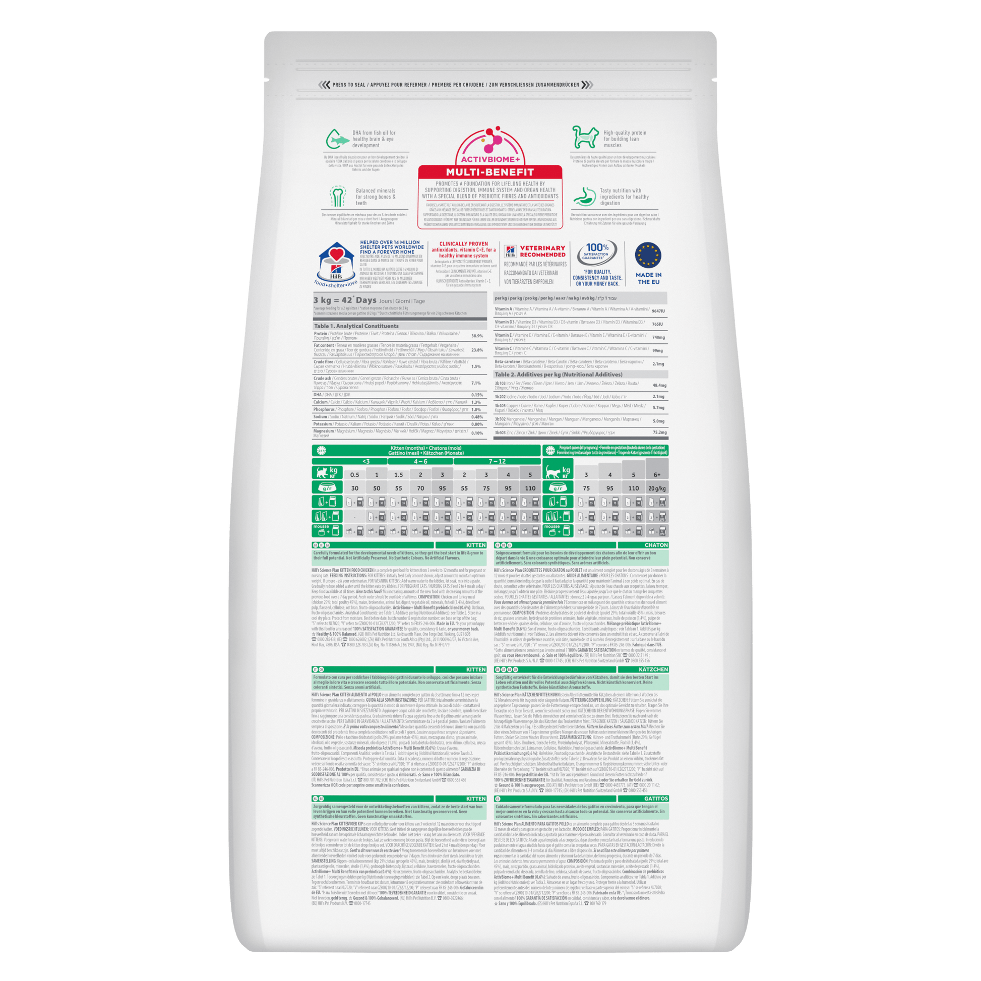 Back of Hill’s Science Plan Kitten Dry Cat Food Chicken showing ingredients, analysis and feeding guide