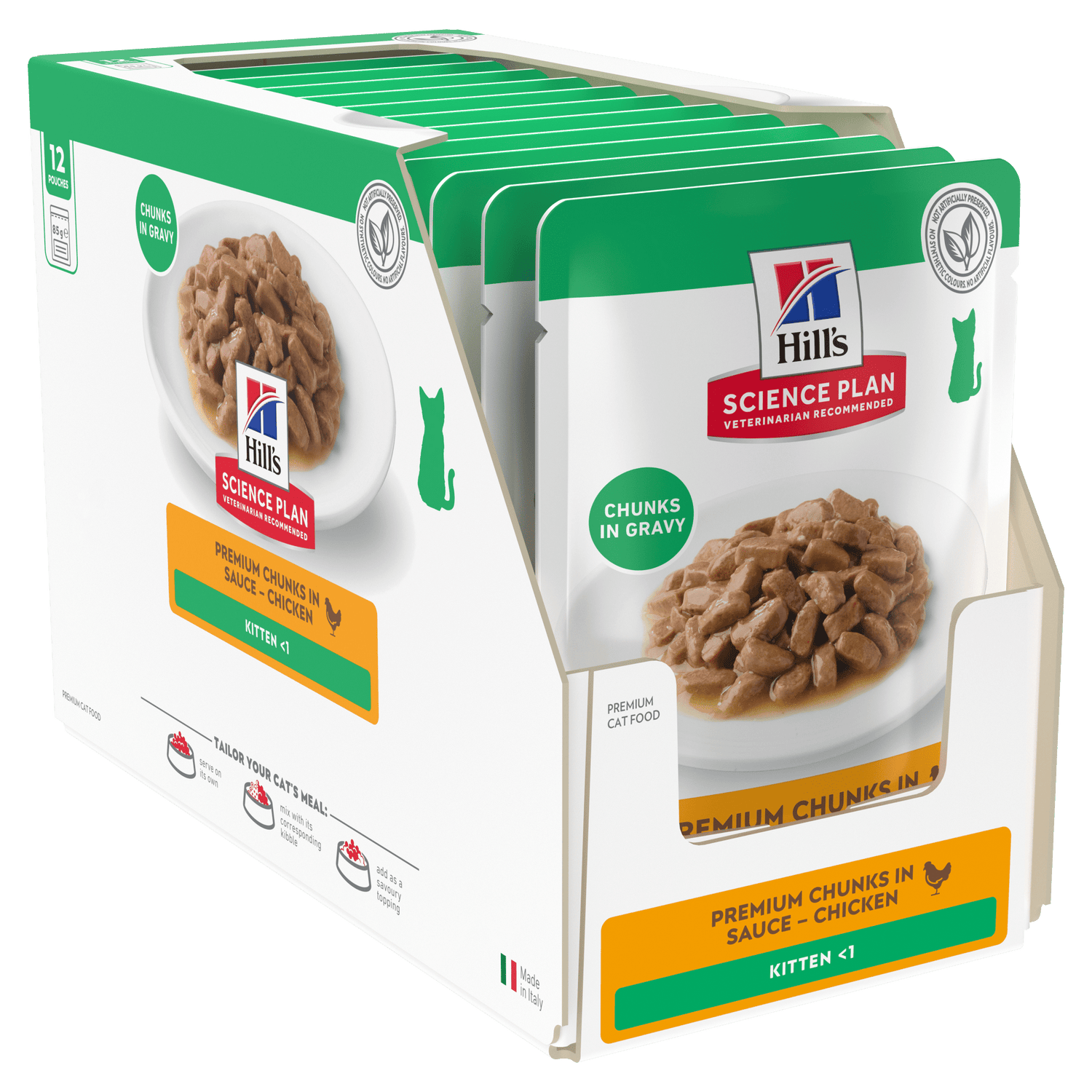 Wet kitten cat food pouch multipack with chicken chunks in gravy, side view