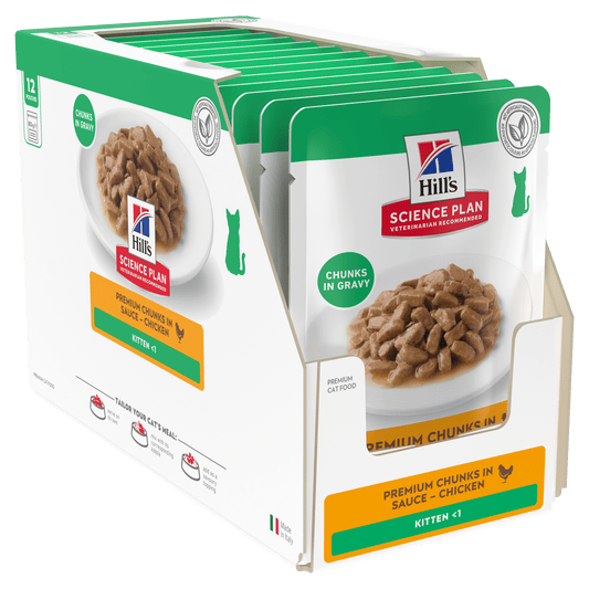 Wet kitten cat food pouch multipack with chicken chunks in gravy, side view