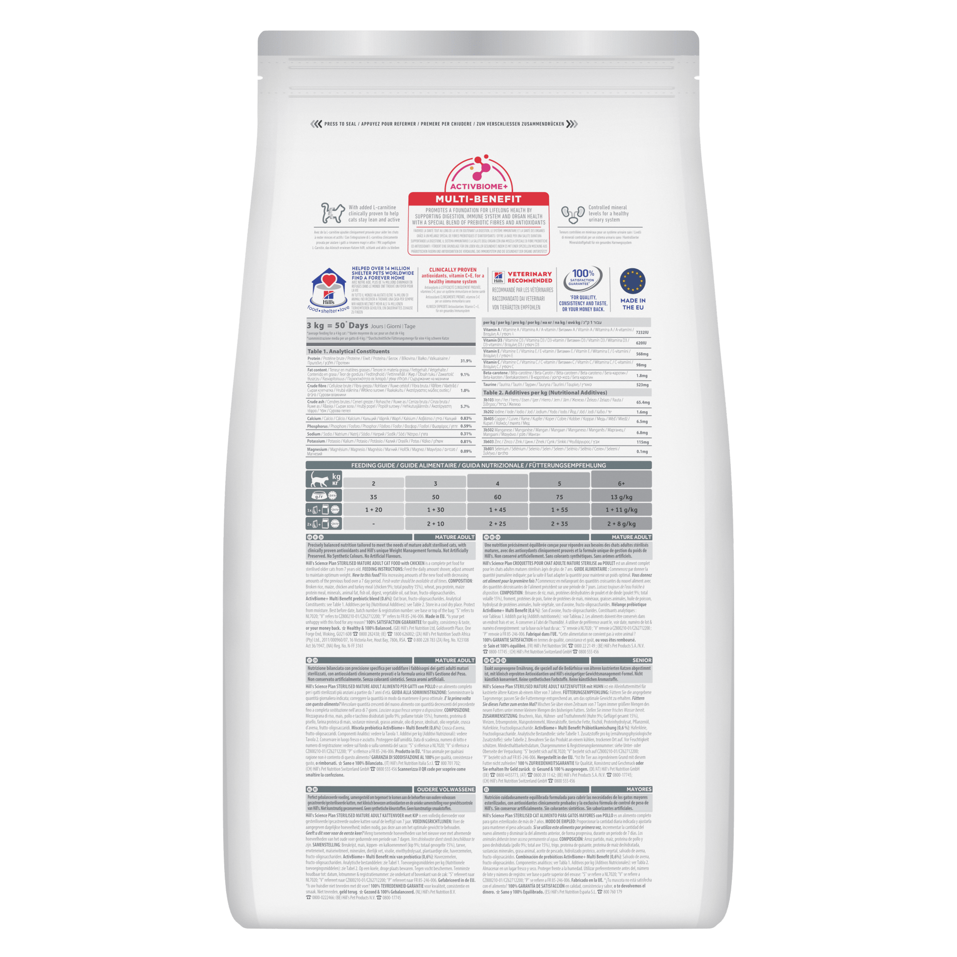 Back of Hill’s Science Plan Adult Sterilised Dry Cat Food Chicken showing ingredients, analysis and feeding guide