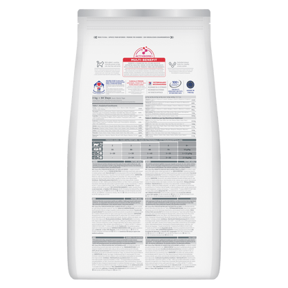 Back of Hill’s Science Plan Adult Sterilised Dry Cat Food Chicken showing ingredients, analysis and feeding guide