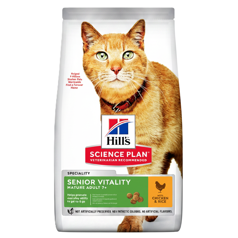 Hill’s Science Plan Senior Vitality Dry Cat Food Chicken & Rice front pack for cats aged 7+