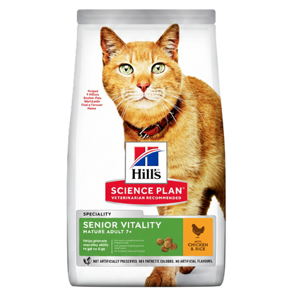Hill’s Science Plan Senior Vitality Dry Cat Food Chicken & Rice front pack for cats aged 7+