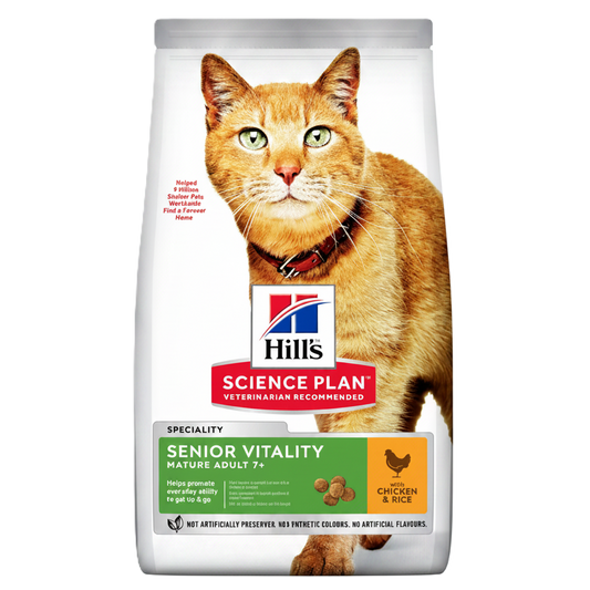 Hill’s Science Plan Senior Vitality Dry Cat Food Chicken & Rice front pack for cats aged 7+