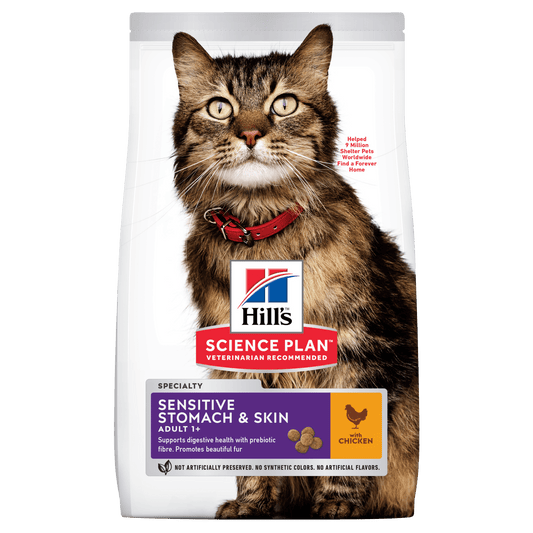 Hill's Science Plan dry cat food bag for sensitive stomach and skin, adult, chicken