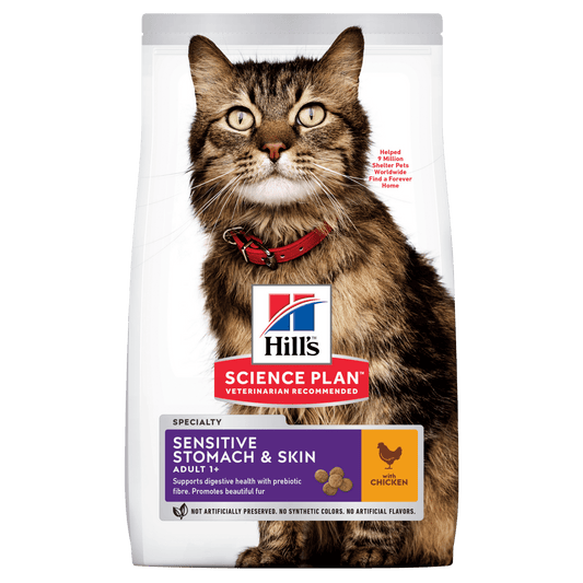 Hill's Science Plan dry cat food bag for sensitive stomach and skin, adult, chicken
