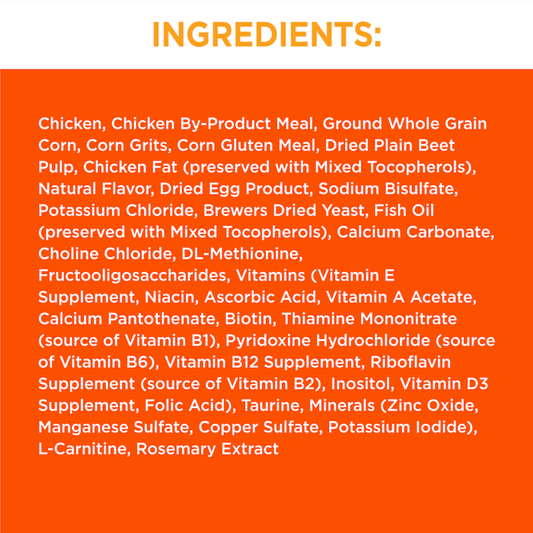 Adult cat food ingredients label with chicken, grains, beet pulp, oils, minerals