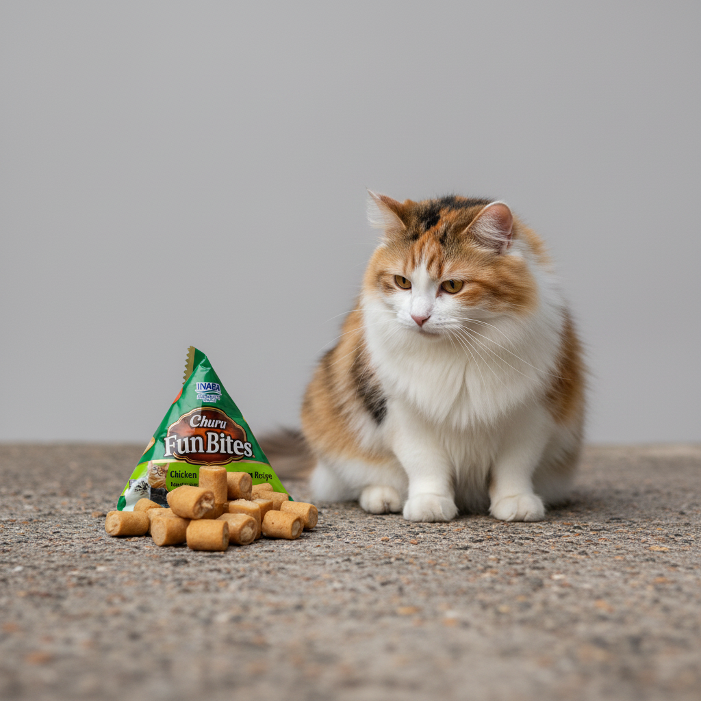 Adult cat with Inaba Churu Fun Bites chicken and tuna cat treats