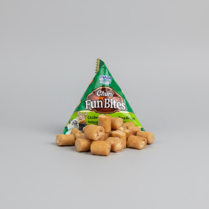 Inaba Churu Fun Bites cat treats showing soft baked chicken bites with creamy Churu filling
