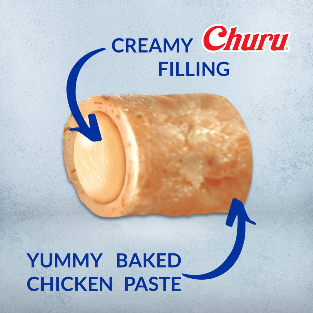 Close-up of Inaba Churu Fun Bites showing soft baked chicken exterior and creamy Churu filling