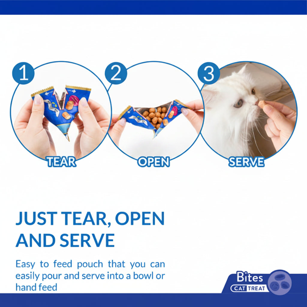 How to serve Inaba Churu Fun Bites cat treats by tearing open the pouch and hand feeding