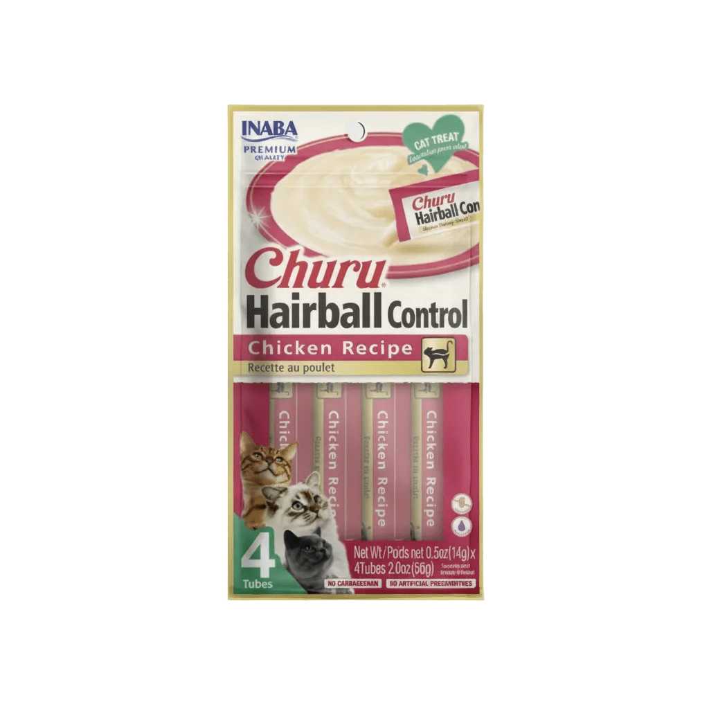 INABA Churu Hairball Control chicken recipe cat treat pack, four tube box front