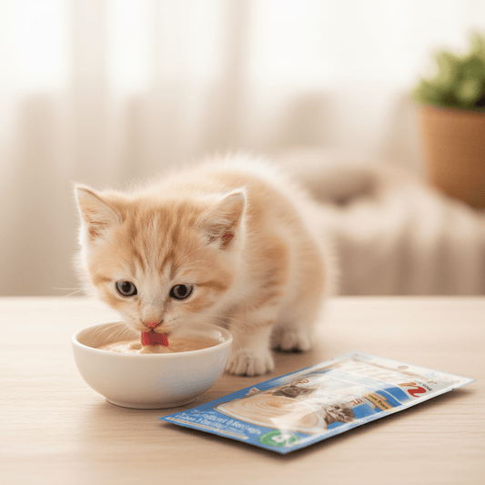 Kitten eating creamy cat treat from small bowl