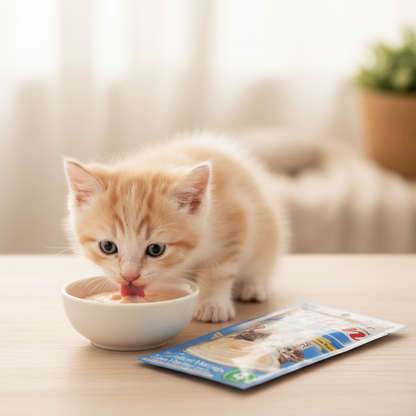 Kitten enjoying Inaba Churu creamy lickable kitten treat from bowl