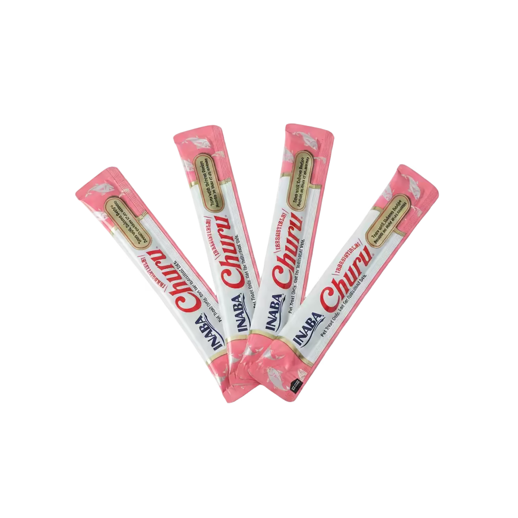 Four Inaba Churu creamy lickable cat treat tubes 