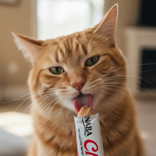 A cat licking an Inaba Churu treat 