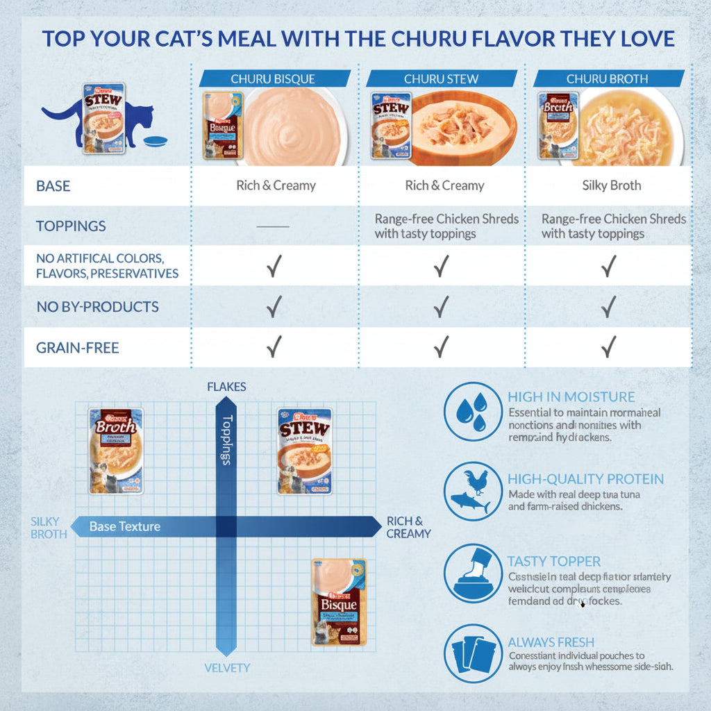 Comparison chart of Inaba Churu Stew, Bisque and Broth cat food toppers