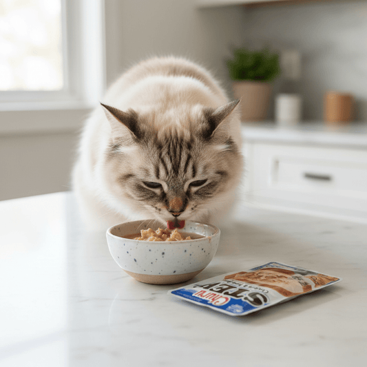 Tabby cat eating from bowl with Churu Stew chicken & tuna pouch nearby