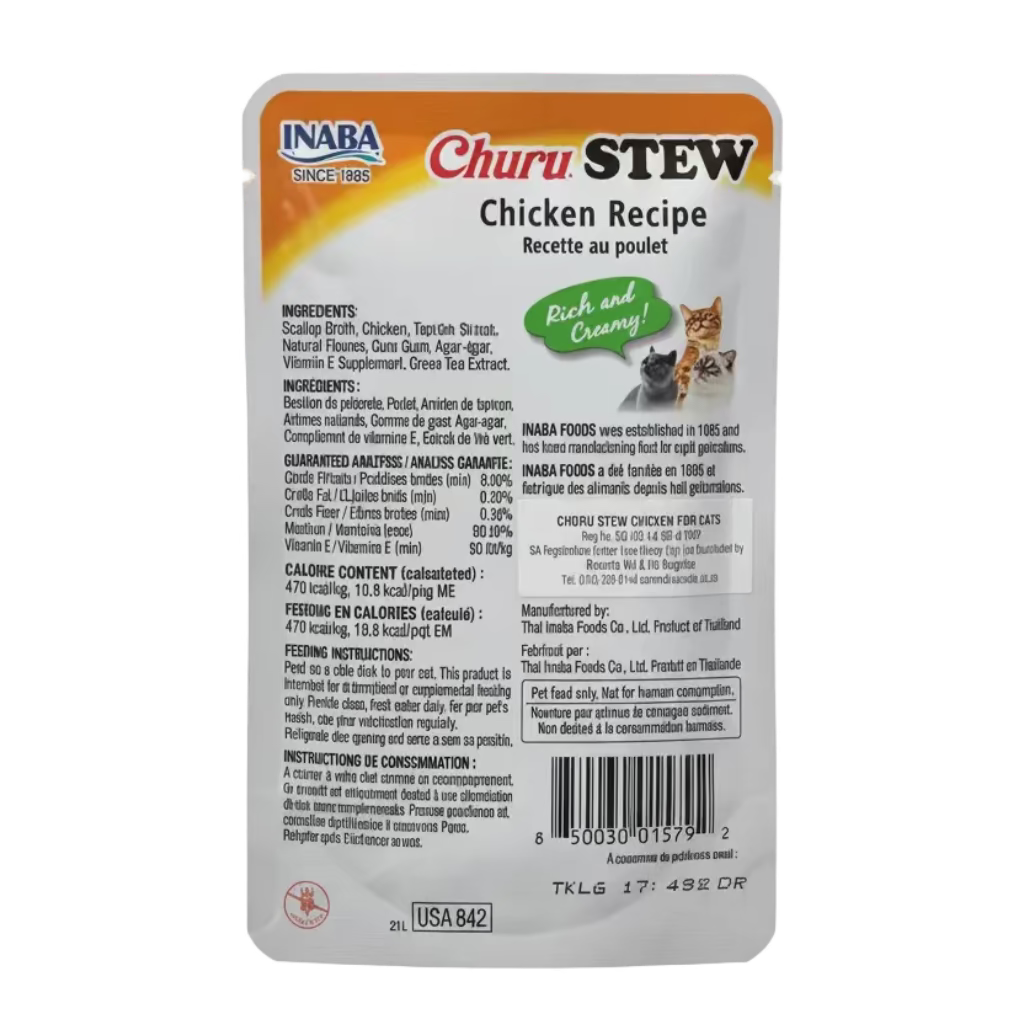 Back of Inaba Churu Stew Chicken Recipe pouch showing ingredients, analysis and feeding guide