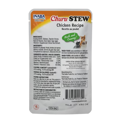 Back of Inaba Churu Stew Chicken Recipe pouch showing ingredients, analysis and feeding guide