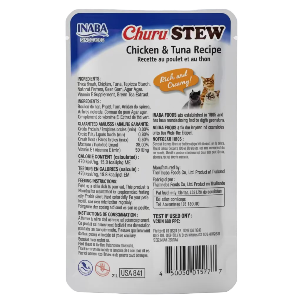 Back of Inaba Churu Stew Chicken and Tuna Recipe pouch showing ingredients and feeding information