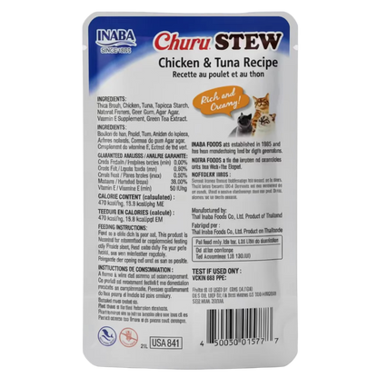 Back of Inaba Churu Stew Chicken and Tuna Recipe pouch showing ingredients and feeding information
