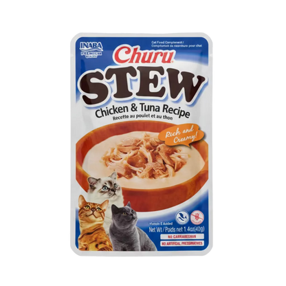 Inaba Churu Stew Chicken and Tuna Recipe creamy cat treat pouch with shredded chicken and tuna