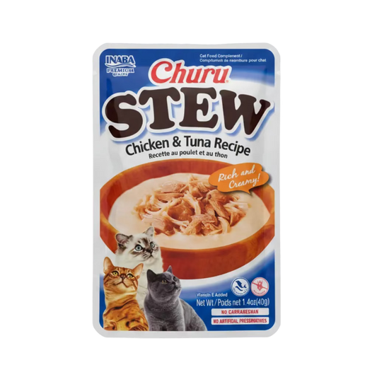 Inaba Churu Stew Chicken and Tuna Recipe creamy cat treat pouch with shredded chicken and tuna