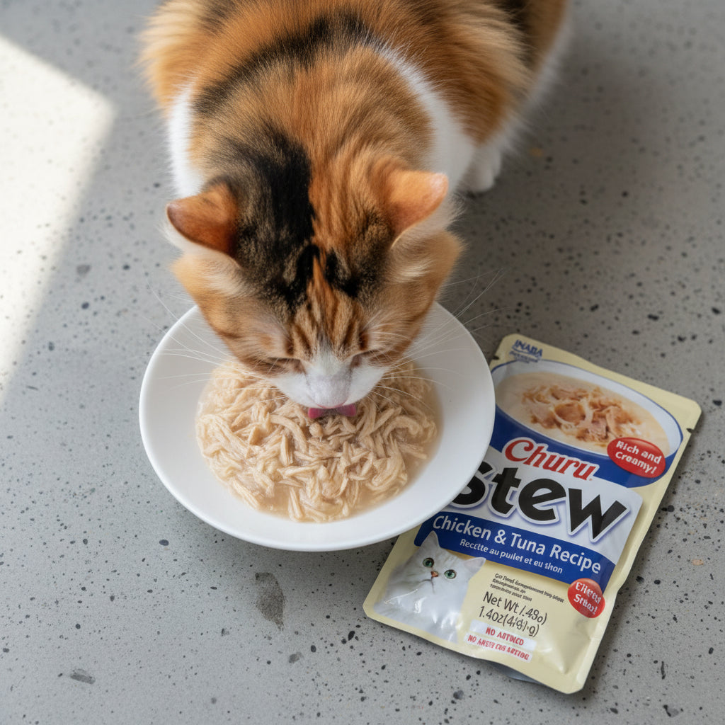 Cat eating shredded chicken and tuna Churu Stew from a bowl