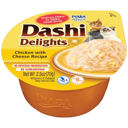 Inaba Dashi Delights cat food cup, chicken with cheese recipe, front label