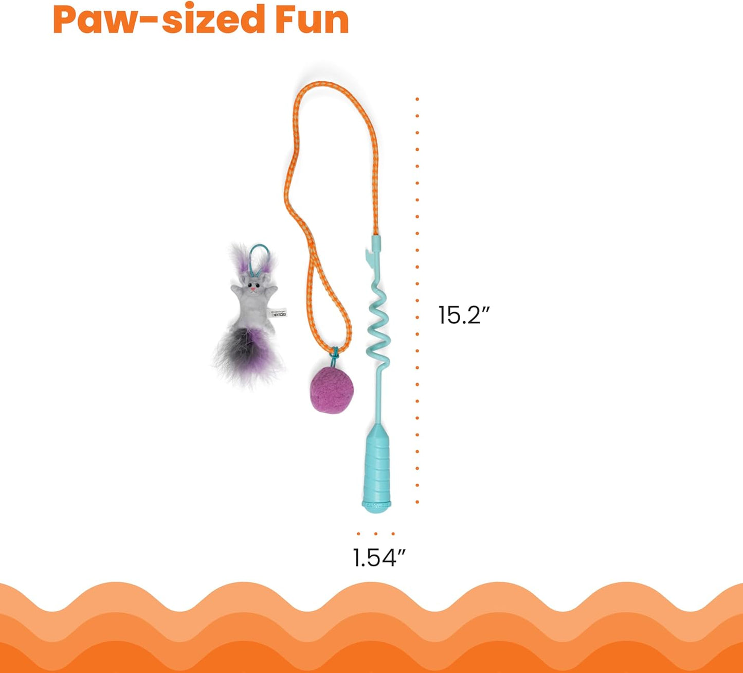 Blue interactive cat teaser wand with plush toy and pom pom launcher attachment