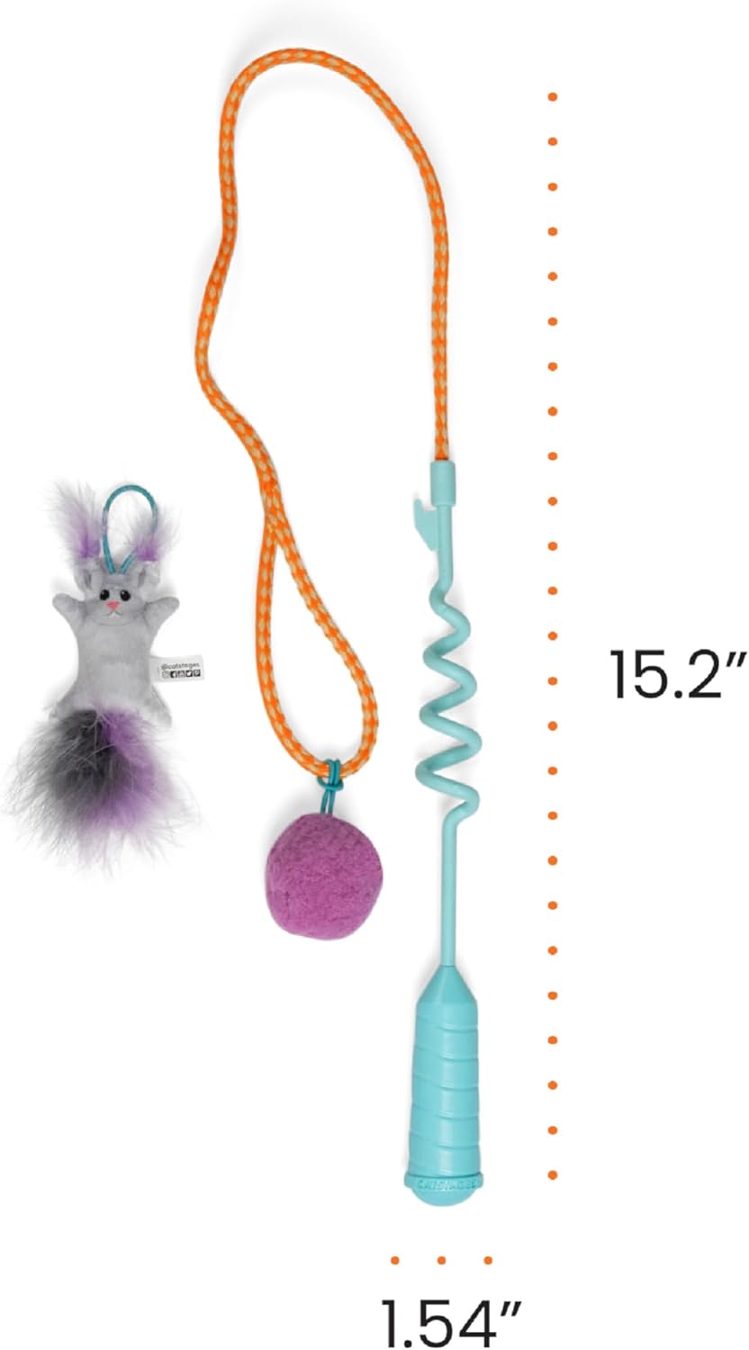 Blue interactive cat teaser wand with plush toy and pom pom launcher attachment