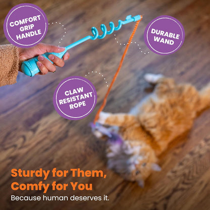 Cat toy with a hand holding a blue handle, featuring text on durability and comfort.
