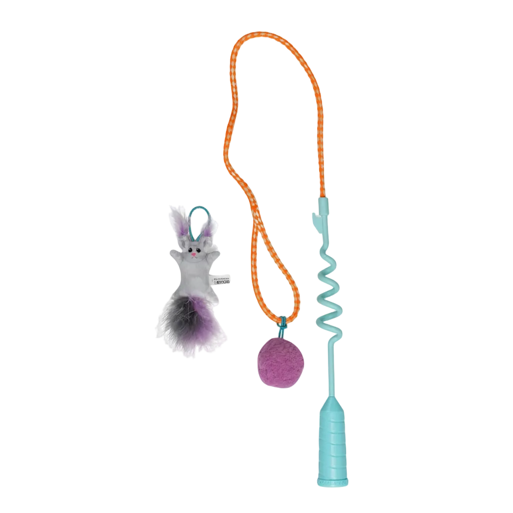Blue interactive cat teaser wand with plush toy and pom pom launcher attachment