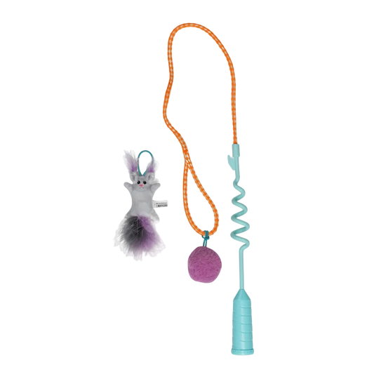 Blue interactive cat teaser wand with plush toy and pom pom launcher attachment