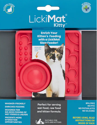 Front view of pink LickiMat Kitty retail packaging for kittens and small cats.