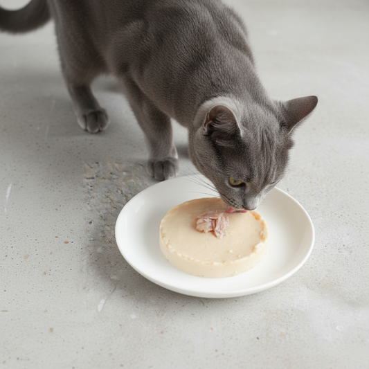 Blue cat eating Kit Cat Chicken Mousse with Tuna Topper 80g