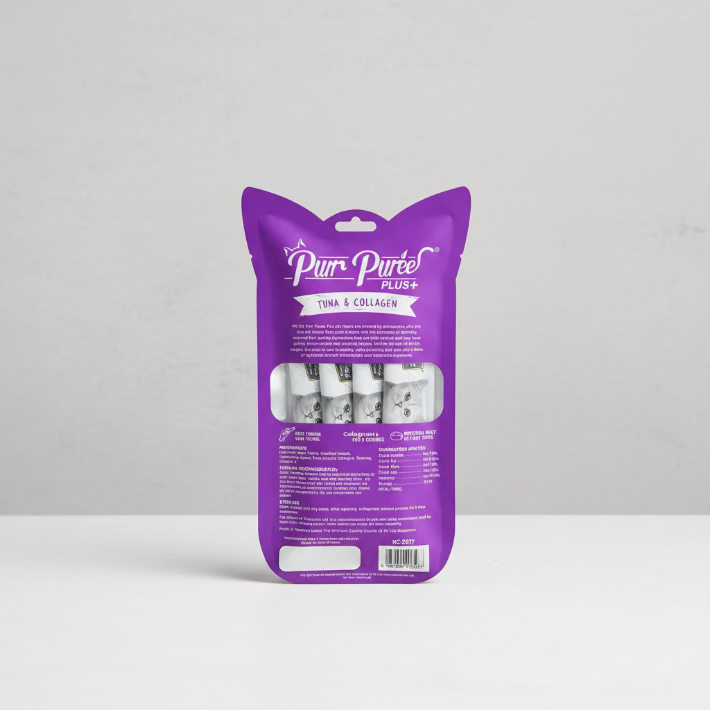 Purple package of Pur Puree Plus+ tuna and collagen cat treats