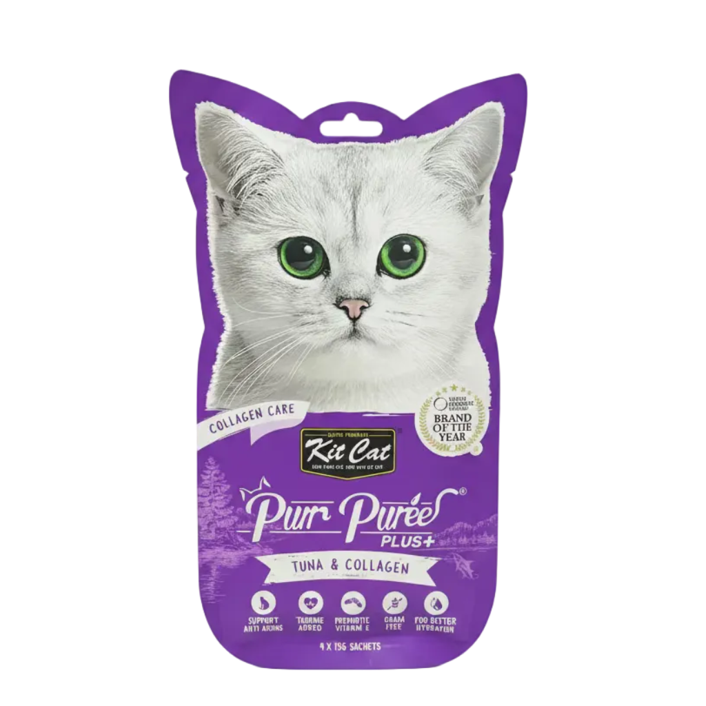 Purple cat-shaped package of Kit Cat Pur Purr tuna and collagen cat food 