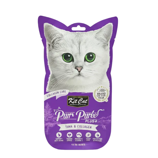 Purple cat-shaped package of Kit Cat Pur Purr tuna and collagen cat food 