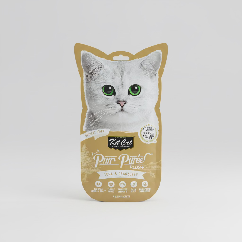 Kit Cat Purr Puree Plus Urinary care + tuna and cranberry cat food package 