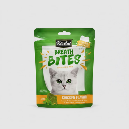 Package of Kit Cat Breath Bites Chicken flavour for cats on a white background