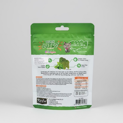 Back of a green package of Kit Cat Salmon Breath Bites cat treats 