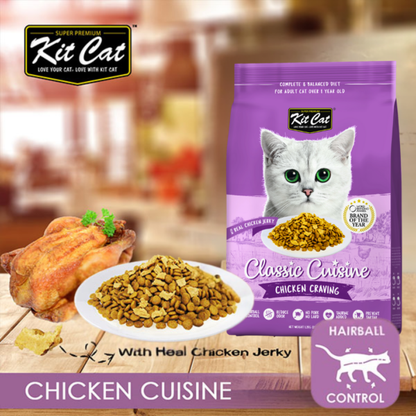 Purple Kit Cat chicken cuisine dry cat food pouch beside kibble plate and chicken jerky
