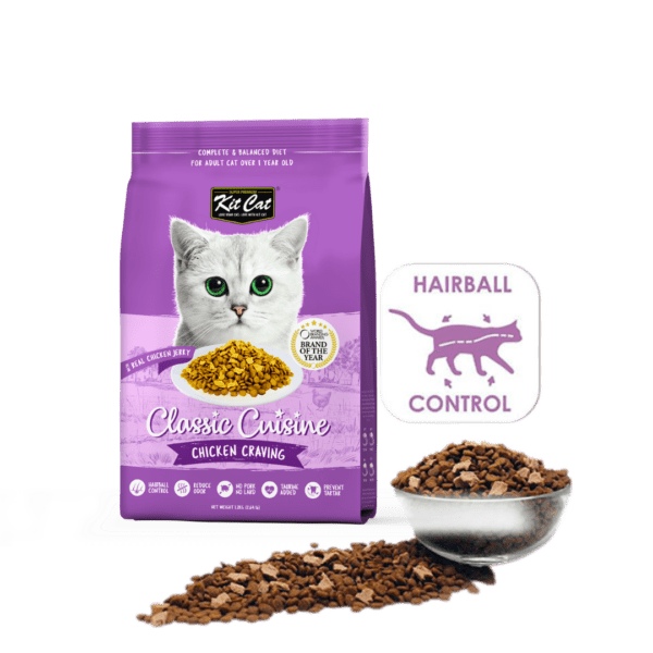 Purple Kit Cat hairball control dry cat food pouch with kibble bowl and scattered pieces