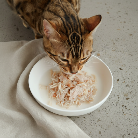 Tabby cat eating Kit Cat Chicken and Salmon Aspic wet cat food from a white bowl. 