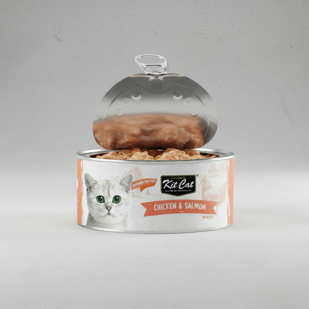 Kit Cat deboned chicken and salmon cat food can