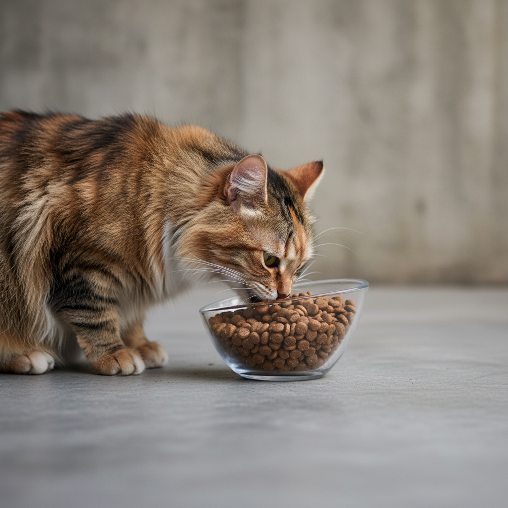 Adult cat eating Kit Cat Classic Cuisine Classic 32 dry cat food from a glass bowl